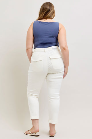 Judy Blue High Waist Aurora Weekender Garment Dyed White Cuffed Slim Straight Jogger Denim Jeans 881083