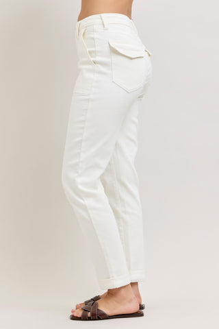 Judy Blue High Waist Aurora Weekender Garment Dyed White Cuffed Slim Straight Jogger Denim Jeans 881083
