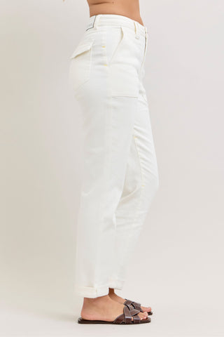 Judy Blue High Waist Aurora Weekender Garment Dyed White Cuffed Slim Straight Jogger Denim Jeans 881083