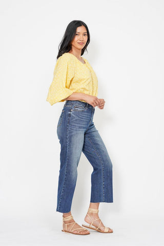 Judy Blue High Waist Back Pocket Embroidery Crop Wide Leg Denim Jeans 88873