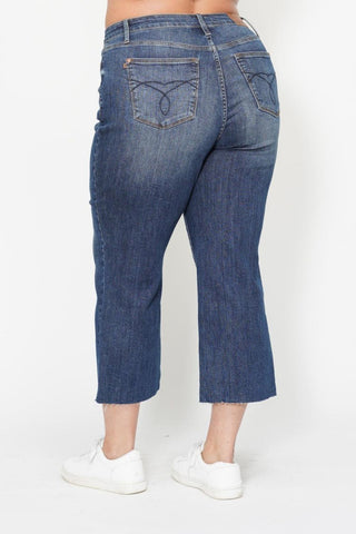 Judy Blue High Waist Back Pocket Embroidery Crop Wide Leg Denim Jeans 88873