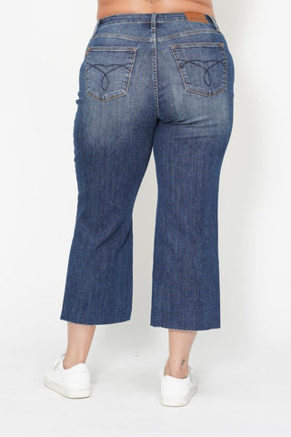 Judy Blue High Waist Back Pocket Embroidery Crop Wide Leg Denim Jeans 88873