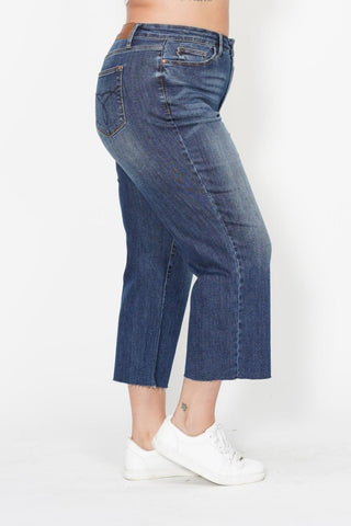 Judy Blue High Waist Back Pocket Embroidery Crop Wide Leg Denim Jeans 88873