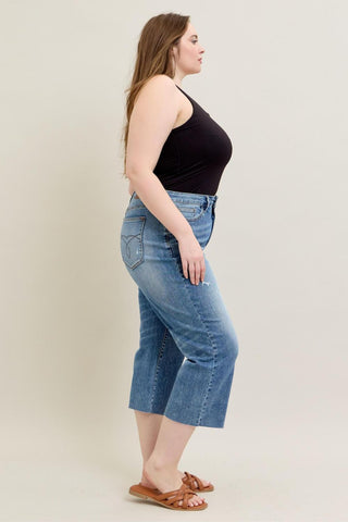 Judy Blue High Waist Back Pocket Embroidery, Destroy & Raw Cut Hem Crop Wide Leg Denim Jeans 88475
