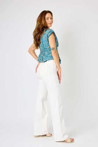 Judy Blue High Waist Braided Waistband White Wide Leg Denim Jeans 88781