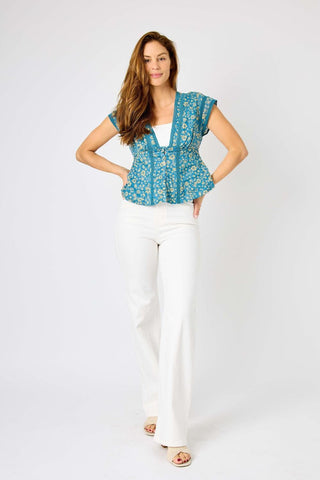 Judy Blue High Waist Braided Waistband White Wide Leg Denim Jeans 88781