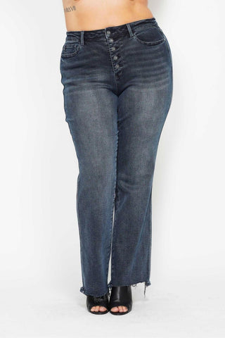 Judy Blue High Waist Button Fly Destroy Hem Straight Denim Jeans 88912