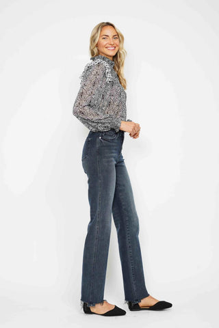 Judy Blue High Waist Button Fly Destroy Hem Straight Denim Jeans 88912