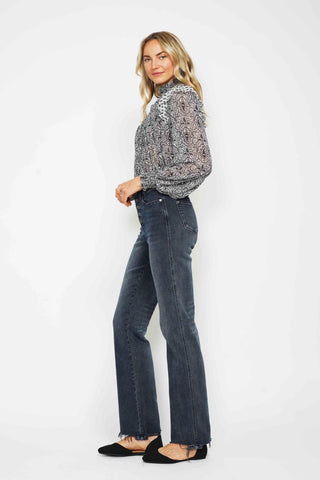 Judy Blue High Waist Button Fly Destroy Hem Straight Denim Jeans 88912