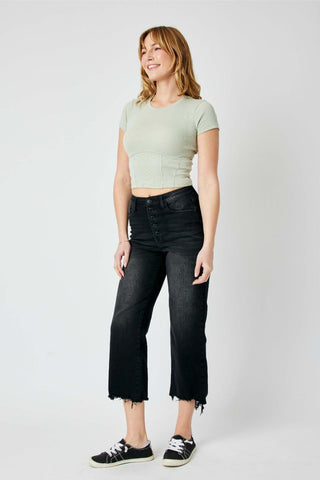 Judy Blue High Waist Button Fly Destroy Raw Hem Wide Leg Denim Jeans 88829