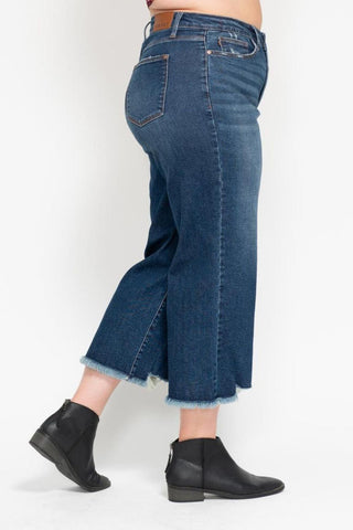 Judy Blue High Waist Button Fly Destroy Wide Leg Crop Denim Jeans 88887