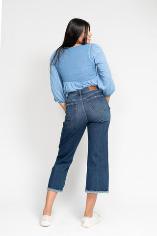 Judy Blue High Waist Button Fly Destroy Wide Leg Crop Denim Jeans 88887