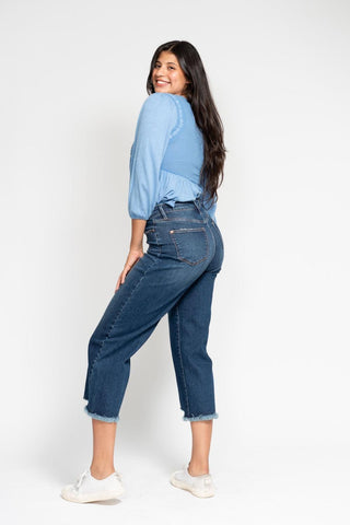 Judy Blue High Waist Button Fly Destroy Wide Leg Crop Denim Jeans 88887
