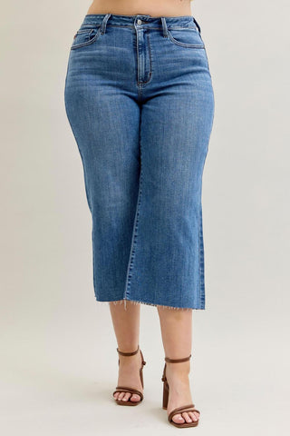 Judy Blue High Waist Classic Raw Hem Crop Wide Leg Denim Jeans 82684