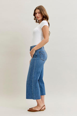 Judy Blue High Waist Classic Raw Hem Crop Wide Leg Denim Jeans 82684