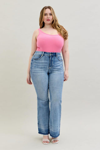 Judy Blue High Waist Contrast Tummy Control Release Hem Flare Denim Jeans 88486