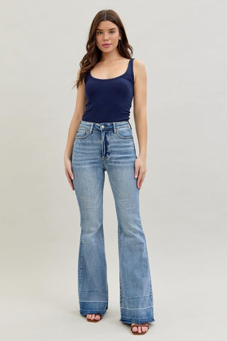 Judy Blue High Waist Contrast Tummy Control Release Hem Flare Denim Jeans 88486