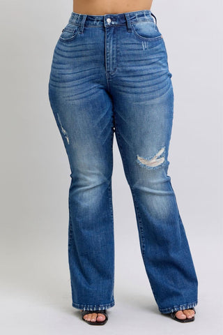 Judy Blue High Waist Contrast Wash Destroy Flare Denim Jeans 88383