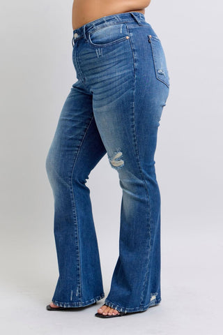 Judy Blue High Waist Contrast Wash Destroy Flare Denim Jeans 88383