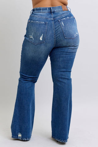 Judy Blue High Waist Contrast Wash Destroy Flare Denim Jeans 88383