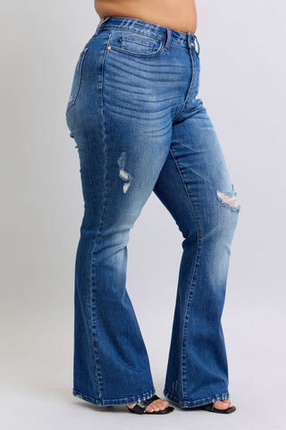 Judy Blue High Waist Contrast Wash Destroy Flare Denim Jeans 88383