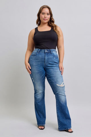 Judy Blue High Waist Contrast Wash Destroy Flare Denim Jeans 88383