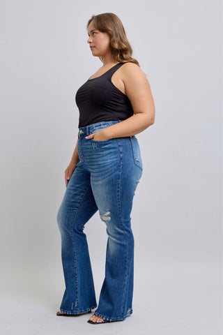Judy Blue High Waist Contrast Wash Destroy Flare Denim Jeans 88383