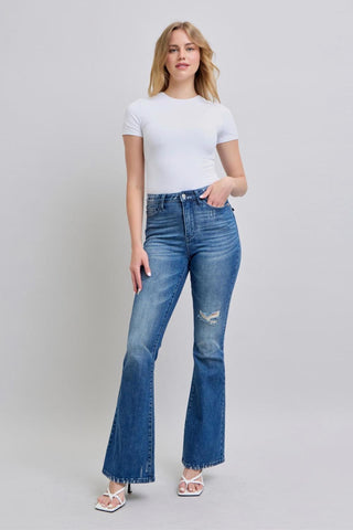 Judy Blue High Waist Contrast Wash Destroy Flare Denim Jeans 88383