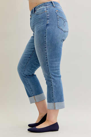 Judy Blue High Waist Criss-Cross Mild Destroy Single Cuff Boyfriend Denim Jeans 881003