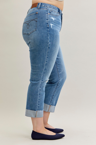 Judy Blue High Waist Criss-Cross Mild Destroy Single Cuff Boyfriend Denim Jeans 881003