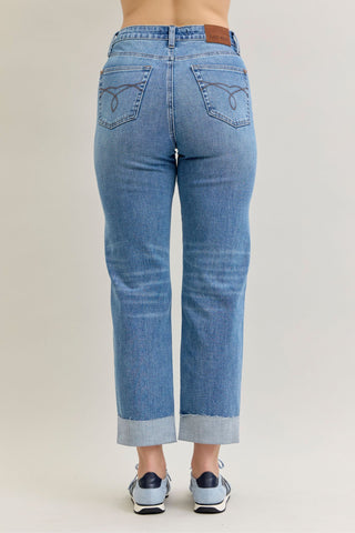 Judy Blue High Waist Criss-Cross Mild Destroy Single Cuff Boyfriend Denim Jeans 881003