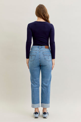 Judy Blue High Waist Criss-Cross Mild Destroy Single Cuff Boyfriend Denim Jeans 881003