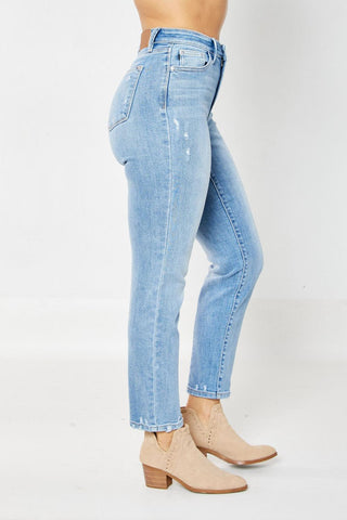 Judy Blue High Waist Destroy & Back Hem Dart Slim Denim Jeans 82590