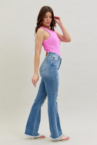 Judy Blue High Waist Destroy Fray Hem Bootcut Denim Jeans 82542