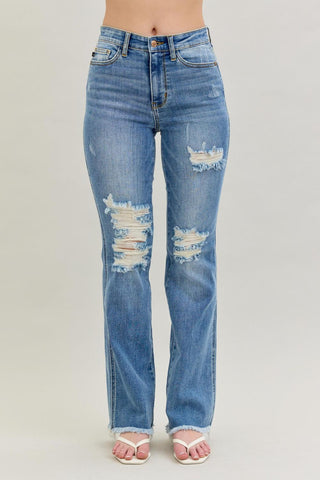 Judy Blue High Waist Destroy Fray Hem Bootcut Denim Jeans 82542