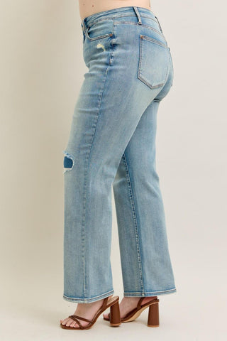 Judy Blue High Waist Destroy & Knee Patch Straight Denim Jeans 88928