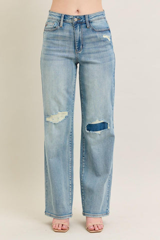 Judy Blue High Waist Destroy & Knee Patch Straight Denim Jeans 88928