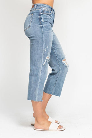 Judy Blue High Waist Destroy Wide Leg Crop Denim Jeans 82256
