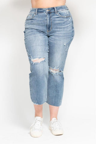 Judy Blue High Waist Destroy Wide Leg Crop Denim Jeans 82256