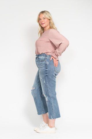 Judy Blue High Waist Destroy Wide Leg Crop Denim Jeans 82256