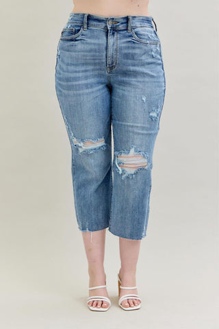 Judy Blue High Waist Destroy Wide Leg Crop Denim Jeans 82256