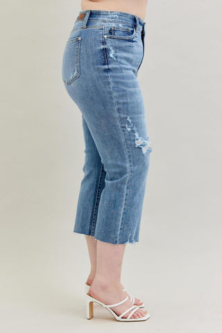 Judy Blue High Waist Destroy Wide Leg Crop Denim Jeans 82256