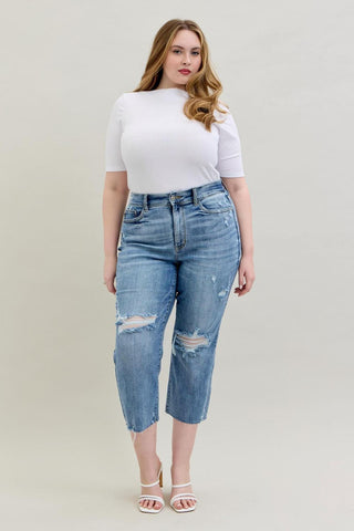 Judy Blue High Waist Destroy Wide Leg Crop Denim Jeans 82256