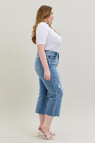 Judy Blue High Waist Destroy Wide Leg Crop Denim Jeans 82256