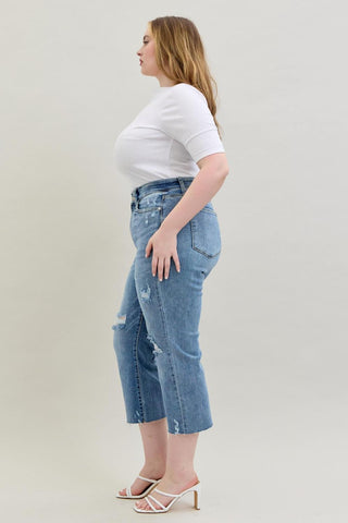 Judy Blue High Waist Destroy Wide Leg Crop Denim Jeans 82256