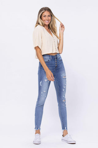 Judy Blue High Waist Destroyed Button Fly Skinny Denim Jeans 82263