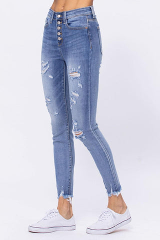 Judy Blue High Waist Destroyed Button Fly Skinny Denim Jeans 82263