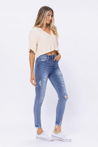 Judy Blue High Waist Destroyed Button Fly Skinny Denim Jeans 82263
