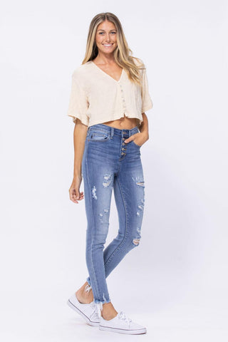Judy Blue High Waist Destroyed Button Fly Skinny Denim Jeans 82263