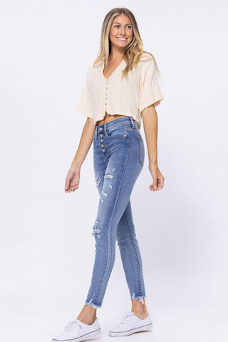Judy Blue High Waist Destroyed Button Fly Skinny Denim Jeans 82263